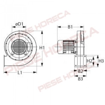 Ventilator arzator pentru cuptor RETIGO, inaltime (H1) de 165mm,lungime (L1)-170mm, distanta intre gaurile de fixare (H2) 46mm, alimentare 230V 50Hz  
